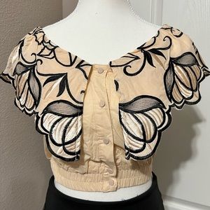 Intricate crop top design, optional off the shoulder. Small.